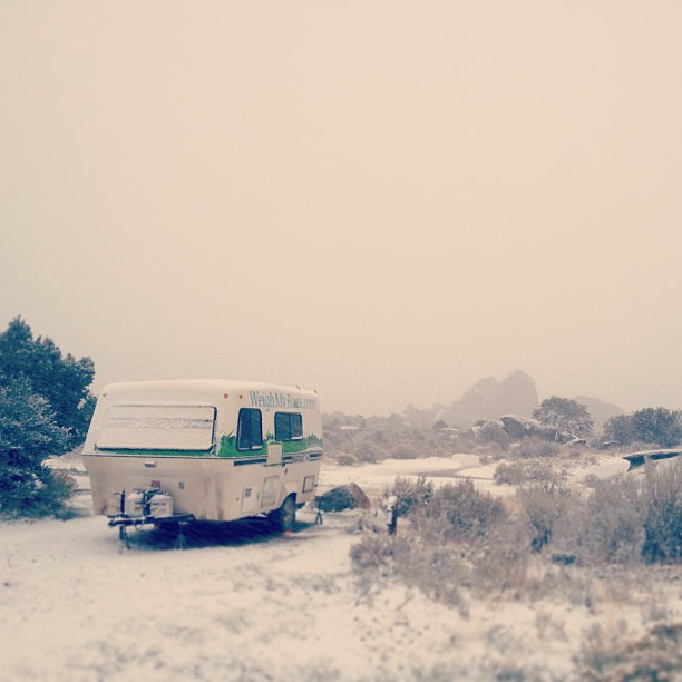Freak snowstorm in September at City of Rocks. Time to hook up and head out.